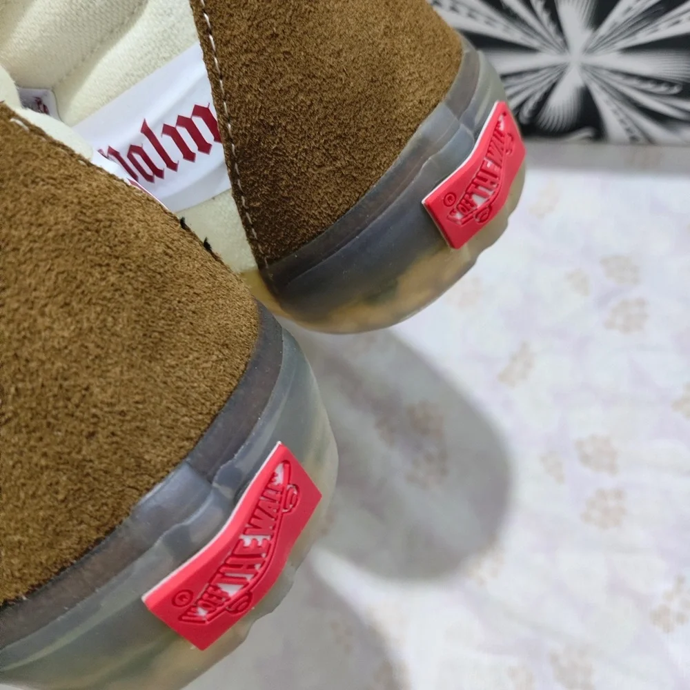 Vans High-Top Sneakers in Red, White, Cream with Brown Heel
